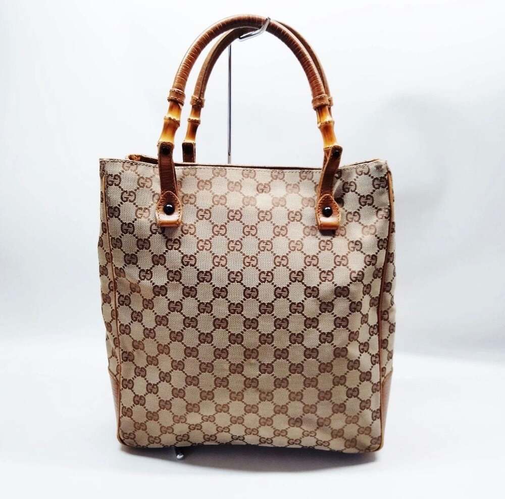 Gucci GG Canvas Bamboo Handle Tote Bag Beige Brown